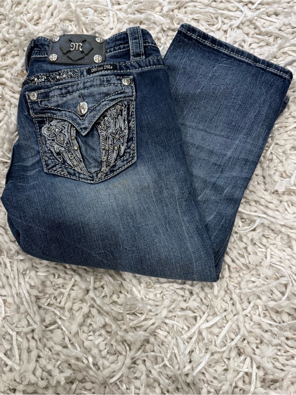 Miss Me Dark Blue Embroidered Capris - Size 30